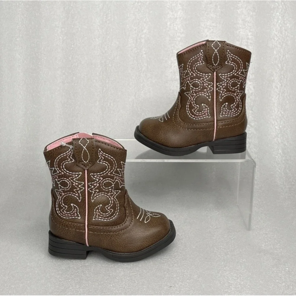 Wonder Nation Brown Zip up Square Toe Cowboy Cowgirl Boots Baby Girls Size 3